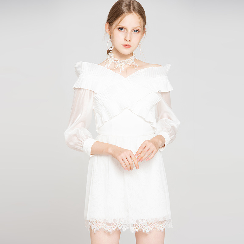 Yige Lila Sexy Ruffled One-Shoulder Jumpsuit with Lantern Sleeves and Lace Hem 5689