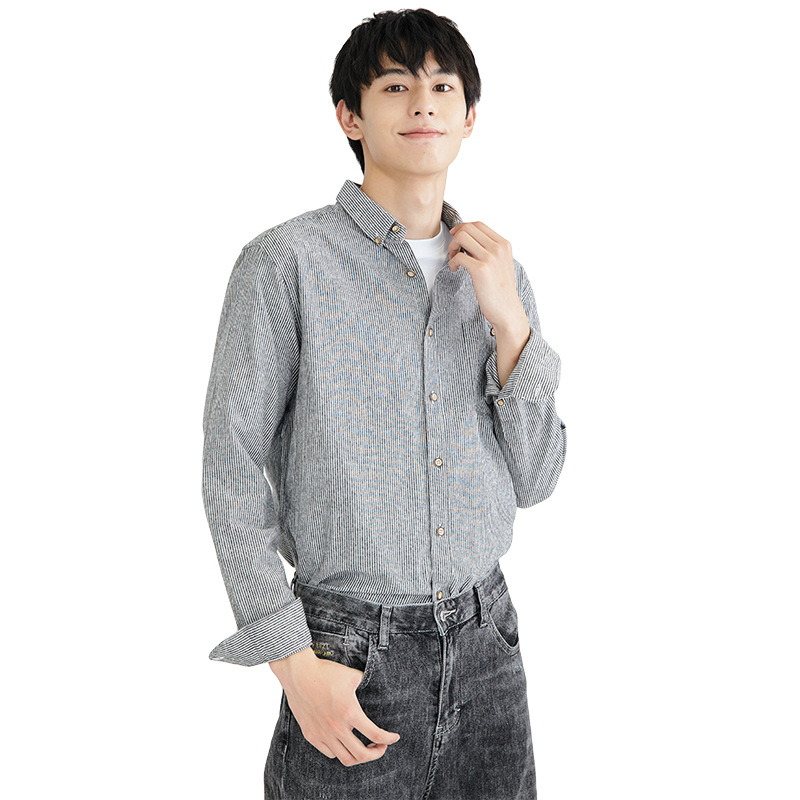 Dongyu camisa de rayas de primavera y verano para hombres camisa de manga larga japonesa cuello cuadrado Camisa de rayas casual en stock al por mayor