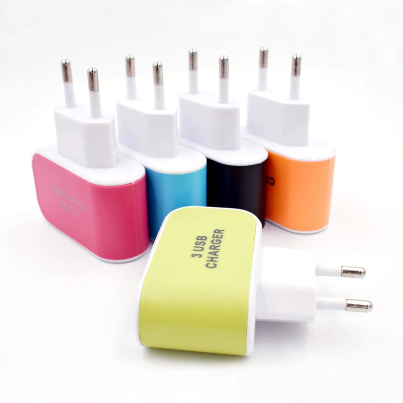 USB сетевое зарядное устройство Candy, 3 порта 5V/2A, вилки US & EU, индикатор LED, мультицвет