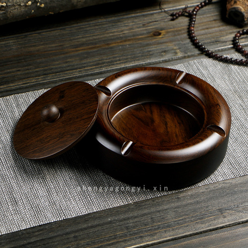 Wooden ashtray with cover for home use large personalized creative coffee table ornaments Chinese style retro ebony solid wood ashtray