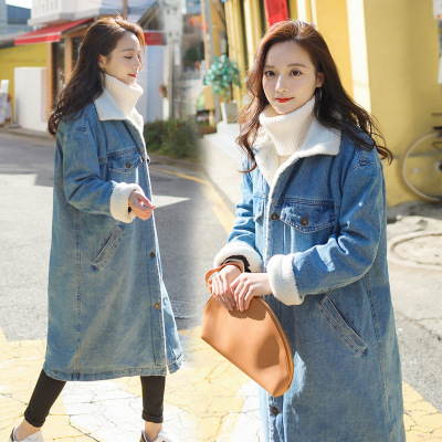 2025冬装韩版宽松大码翻领羊羔毛牛仔外套女中长款加绒加厚棉衣