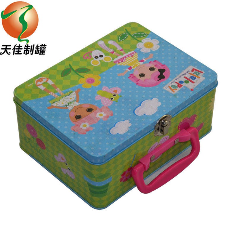 长方形手提马口铁盒包装翻盖儿童午餐盒双面彩印手挽铁盒厂家