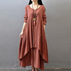 Autumn ethnic colored dress, set, ethnic style, oversize, cotton and linen