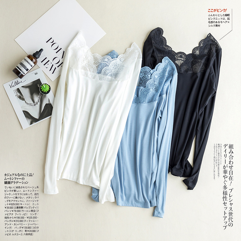 Manufacturer Supplies Women's Clothing 2025 Graceful Lace Long-Sleeve Base Shirt with Lace Patchwork Top Wholesale Fashionable Versatile