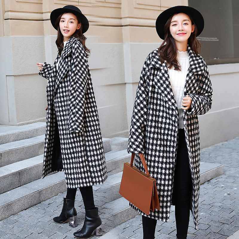 Spring Black and White Houndstooth Wool Coat for Women 2026 Loose Cocoon-Shaped Over-The-Knee Long Thick Retro Woolen Coat