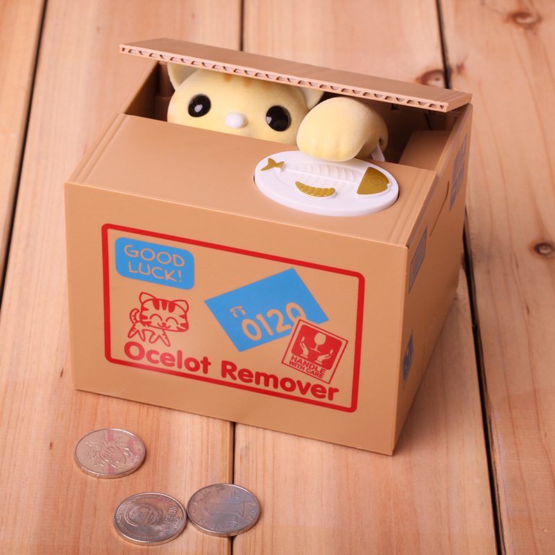 Dibujos animados lindo creativo comiendo dinero alcancía niños codicioso gato eléctrico moneda robando alcancía dinero robando gato alcancía