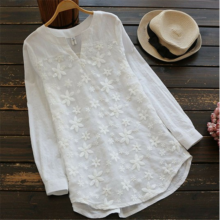 2018 Aliexpress Hot Sale European and American Clothing Lace Embroidered Long Sleeve Shirt Loose Women's Top T-Shirt Women's