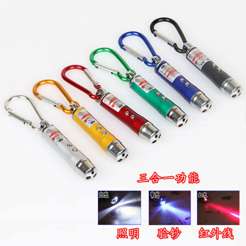Lámpara de enseñanza láser infrarrojo tres-en-uno mini linterna/lámpara de detector de dinero de luz púrpura/linterna LED llavero
