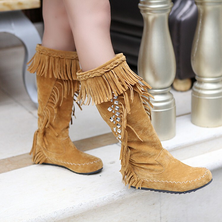 Cross-border supply Amazon hot sale sweet tassel boots hidden height women's shoes European and American style rivet flat high boots Cross-border supply Amazon hot sale sweet tassel boots hidden height women's shoes European and American style rivet flat high boots