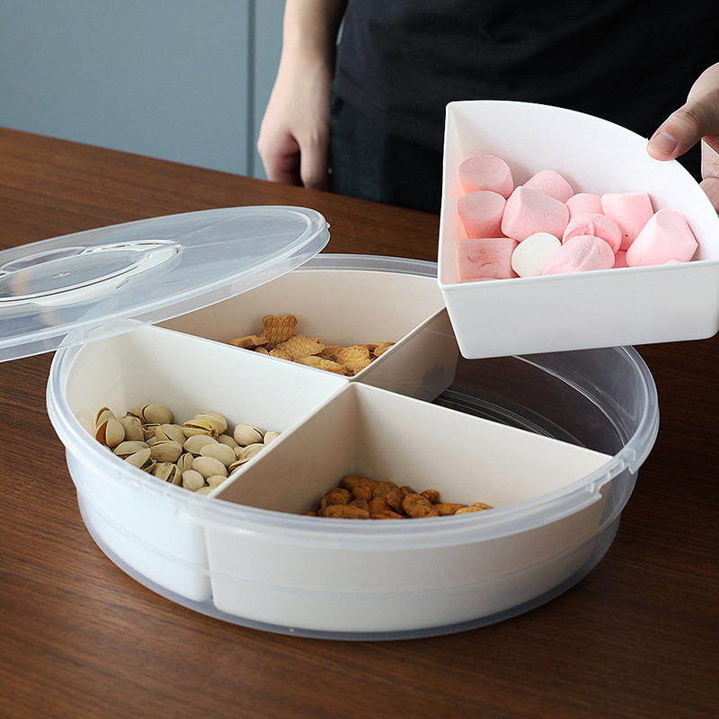 可手提简约分格带盖塑料欧式干果盒大号客厅零食瓜子盒糖圆形果盘