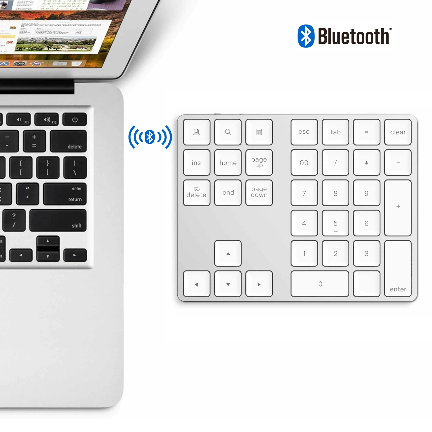 Bluetooth Numeric Keypad BT181, Aluminum Alloy 34-Key Compact, Apple-compatible