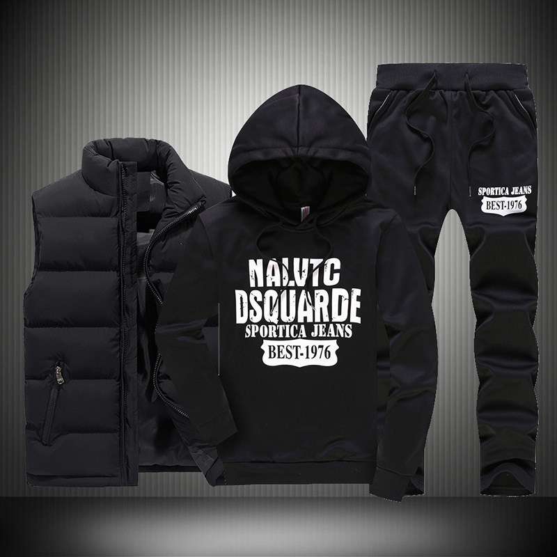Cross-border new men's hooded letter pullover sweater suit down cotton-padded jacket vest large size three-piece suit men