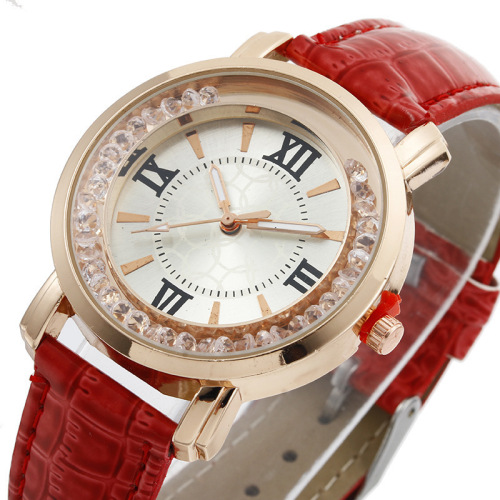 Flowing Diamond Women's Watch, Casual Fashion Lady Quartz Watch with Leather Strap and Night Light