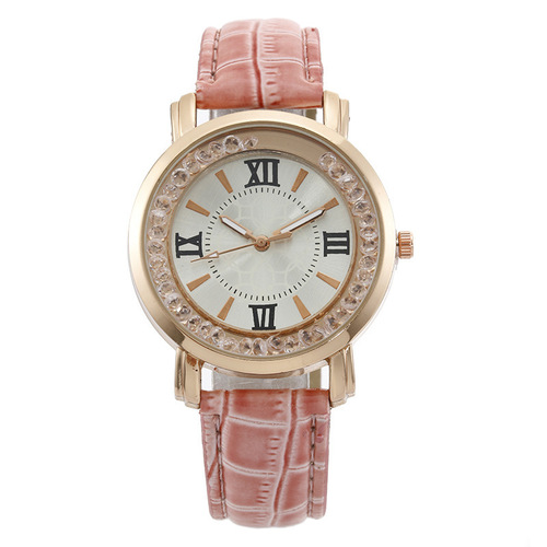 Flowing Diamond Women's Watch, Casual Fashion Lady Quartz Watch with Leather Strap and Night Light