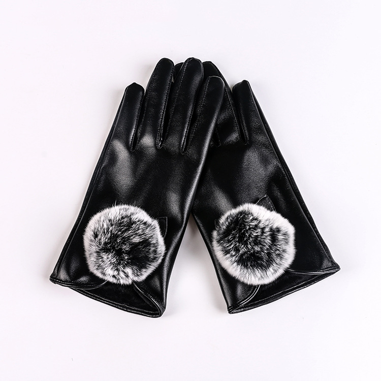 Otoño e invierno guantes cálidos Bola de piel de conejo de las mujeres engrosada de lana forrada a prueba de frío moda lindo montar guantes de cuero de la pantalla táctil de PU