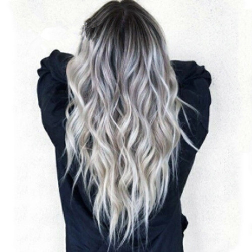 European and American cross-border highlights, medium-parted long curly hair, COS gray gradient, anime wig for women, new chemical fiber full headgear