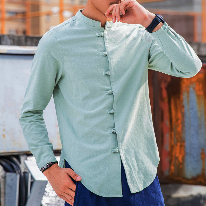 Autumn New Long-sleeved Shirt Men's Chinese Style Plus Size Retro Cotton and Linen Buckle Shirt