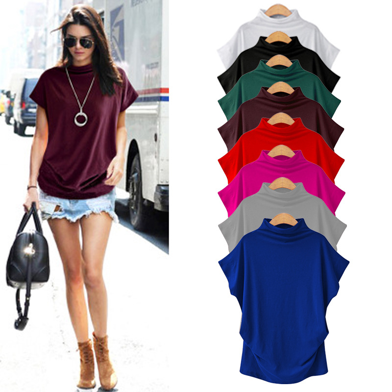 2026 Cross-Border European and American Plus-Size Women's High-Neck Tops Wish Amazon High-Neck T-Sleeve Short-Sleeve T-Shirt for Women Wholesale