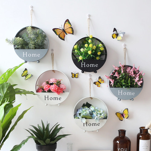Wholesale European creative iron art round wall hanging simple living room wall decoration storage flower basket wall hanging