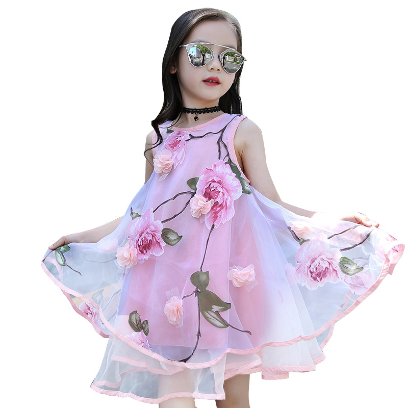 Vestido de gasa para niñas 2024 nuevo verano floral estilo occidental para niños medio y grande Vestido de playa para niños chaleco Falda larga moda