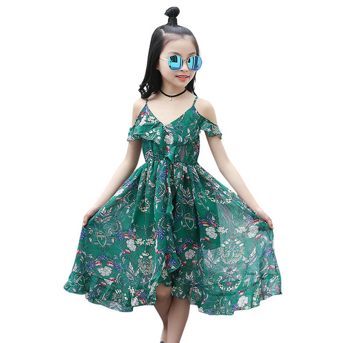 Girls' chiffon dress 2024 new summer style style mid-length beach children's strapless suspender dress for middle-aged and older children