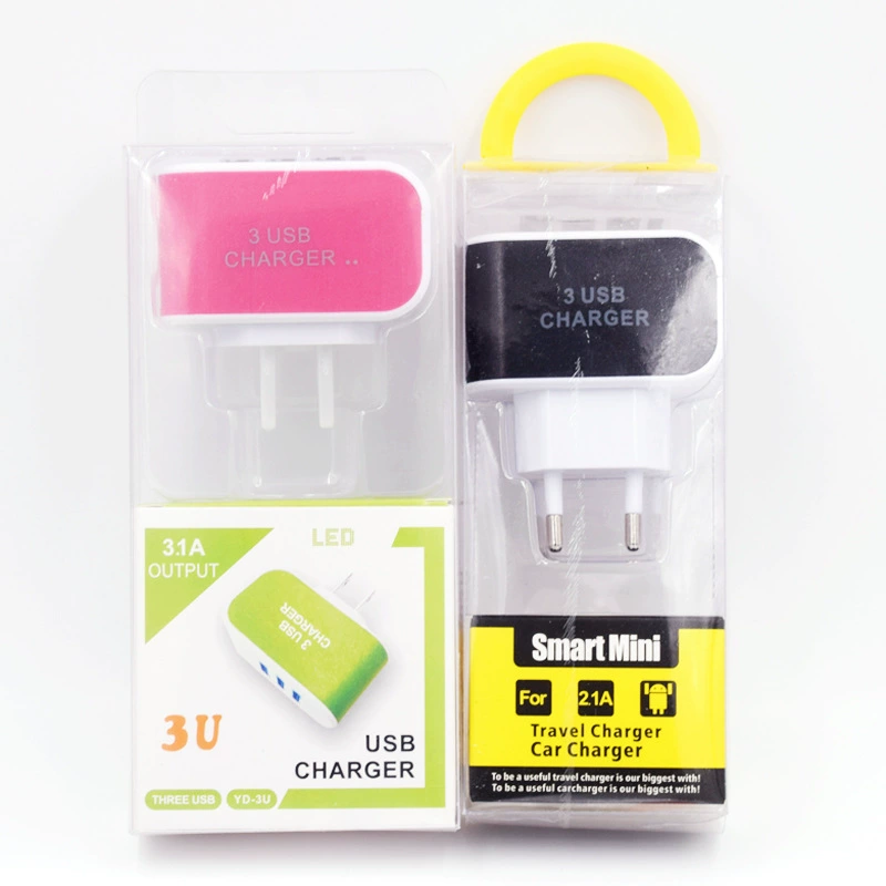 USB сетевое зарядное устройство Candy, 3 порта 5V/2A, вилки US & EU, индикатор LED, мультицвет
