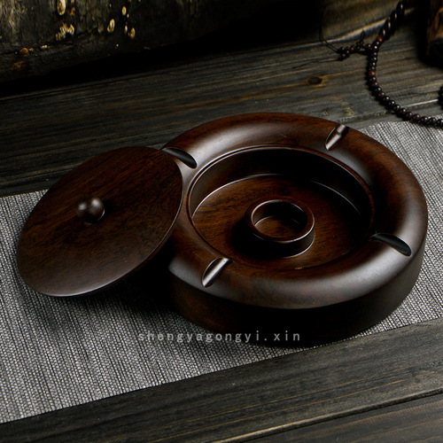 Wooden ashtray with cover for home use large personalized creative coffee table ornaments Chinese style retro ebony solid wood ashtray