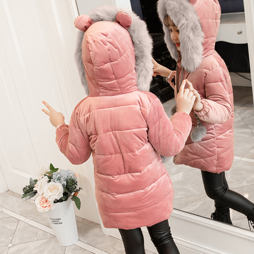 Winter New Girls' Cotton Jacket Korean Style Medium and Large Children Chiffon Fleece Thick Middle-Length Dragonfly Down Cotton Jacket Outerwear Trendy