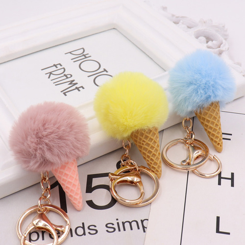 New 5cm imitation Rex rabbit fur ball ice cream cone keychain pendant bag key pendant wholesale