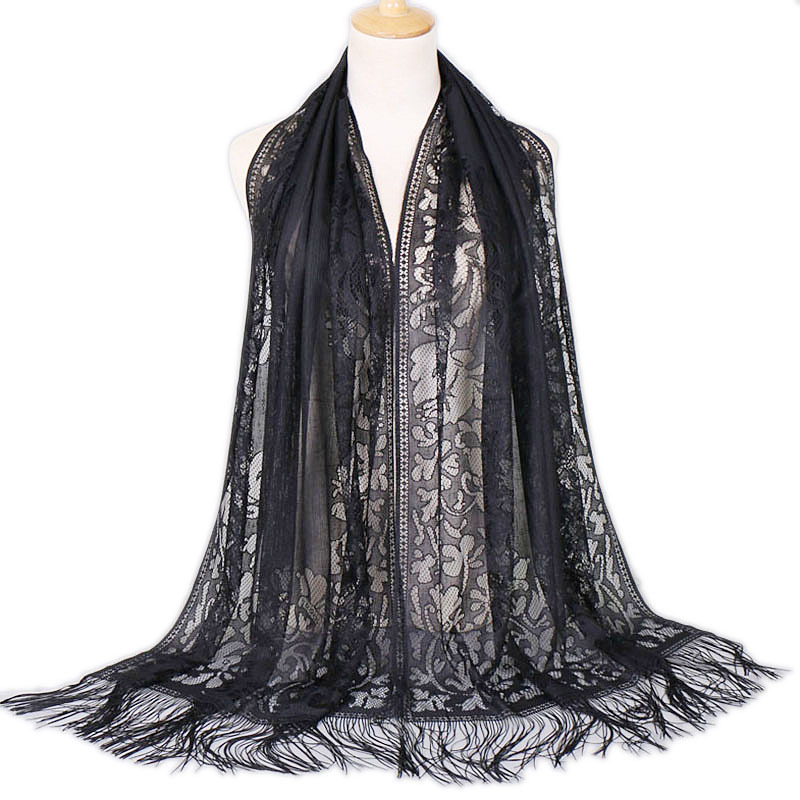 Summer Malaysian Long Shawl Scarf Headscarf Solid Color Lace Hollow Tassel Silk Scarf Women's Ethnic Style