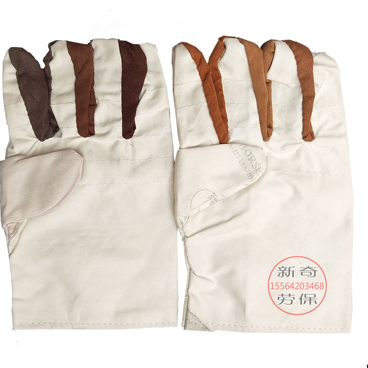 短款5线白革布双层帆布手套 结实防滑劳保防护电焊手套