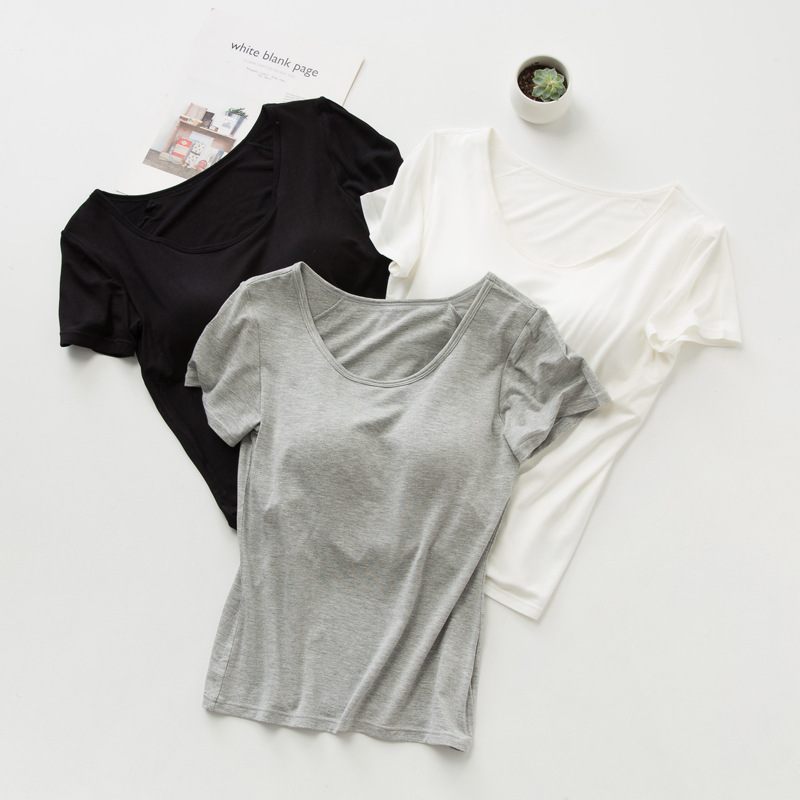 Short-Sleeved T-Shirt for Women, Modal Fabric, Integrated Bra with Padding, Solid Color, Round Neck Activewear, Can Be Worn Outside Short-Sleeved T-Shirt for Women, Modal Fabric, Integrated Bra with Padding, Solid Color, Round Neck Activewear, Can Be Worn Outside