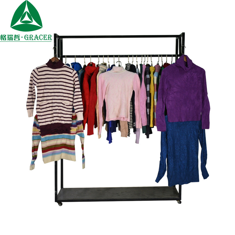 跨境二手衣服出口America冬季杂款加厚格子拼色高领打底衫毛衣女