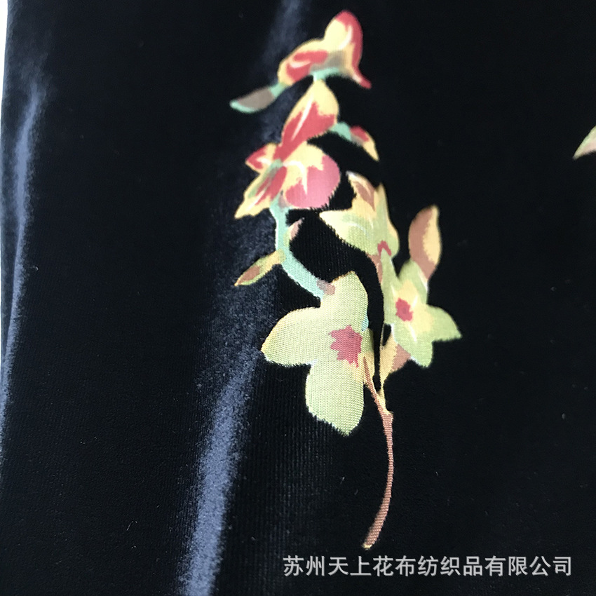 抽象花卉树叶黑底烧花烂花绒时装面料接单来样做货保证质量交货快