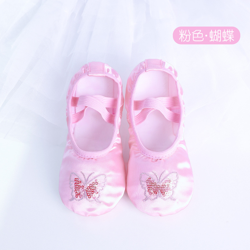 Zapatos de baile para niños zapatos de ejercicio de suela blanda para mujer zapatos de Ballet de lentejuelas bordados de satén Rosa Zapatos de garra de gato antideslizantes para estudiantes