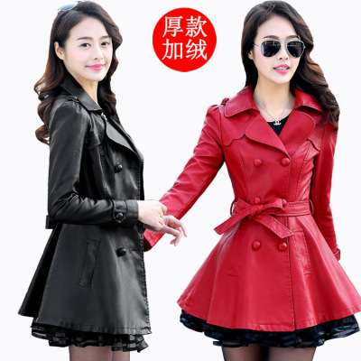 中长款海宁皮衣女式夹克欧美2025春季女款修身大翻领PU皮风衣跨境|ms