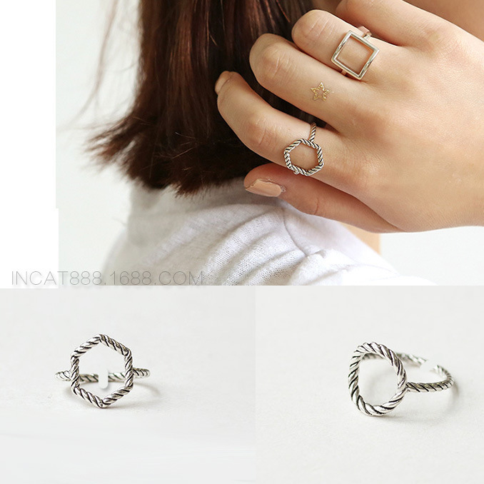 S925 silver jewelry double strand twist rope pattern vintage European and American rock art style Thai silver plain silver open ring