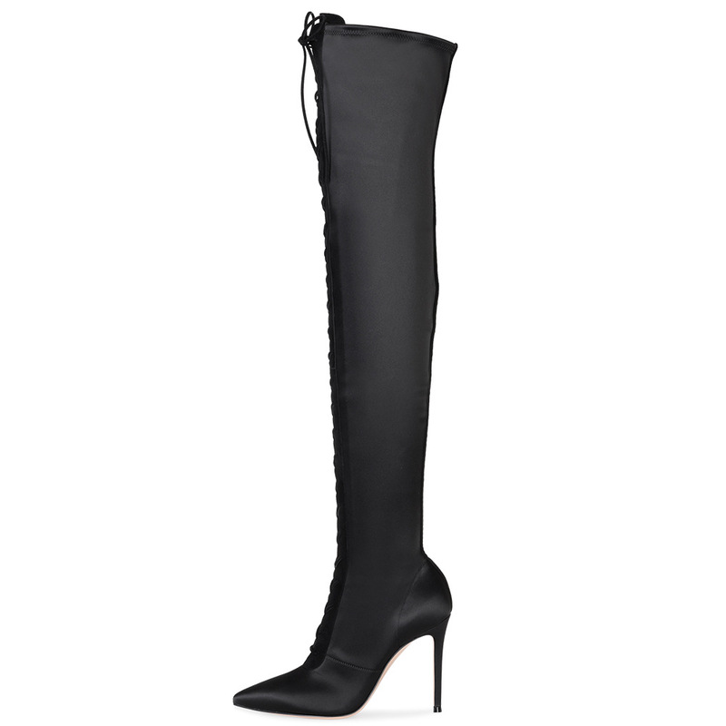 European and American Women's Pointed Lace-up Elegant Black Stiletto Heel Stretch Over-the-knee Boots Foreign Trade Large Size Thigh Boots ebay