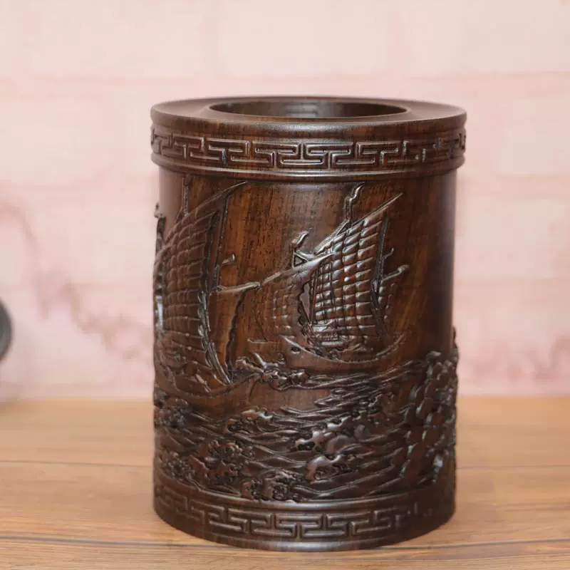 红木质办公室笔筒工艺品摆件木雕刻实木节日礼品黑檀木可刻字笔筒