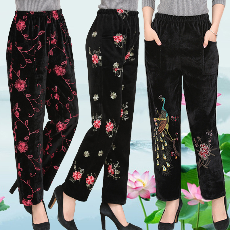 Middle-aged and elderly women's pants middle-aged women's autumn and winter clothing plus velvet thickened mother's pants for the elderly and Grandma velvet embroidered trousers