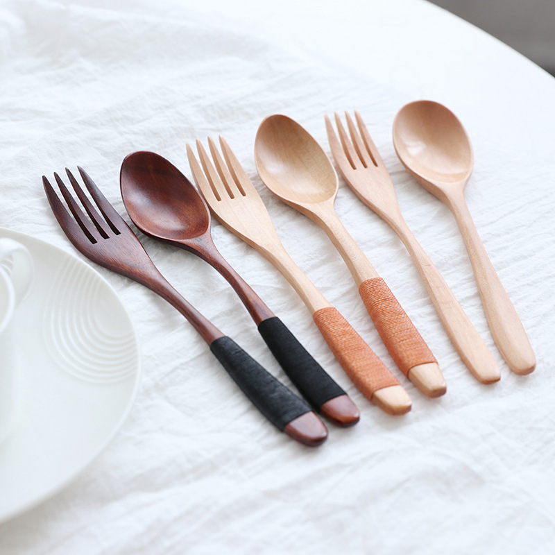 Creative Wooden Rice Spoon Japanese-Style Tableware Wave-Shaped Handle Hand-Wrapped Thread Solid Wood Spoon and Fork Set Long Handle Wooden Spoon and Fork