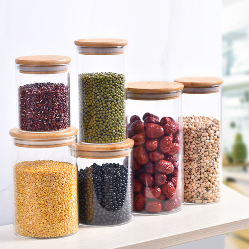 Kitchen sealed storage glass jar, transparent round bamboo lid, grain tea packaging jar, food tangerine peel storage jar
