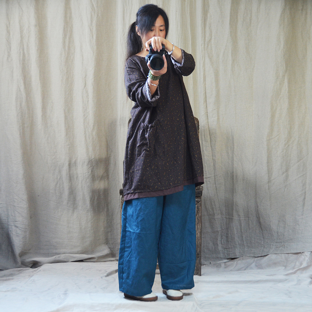 千兰/18秋装新款文艺休闲宽松大码碎花图案棉麻衬衫连衣裙女长袖