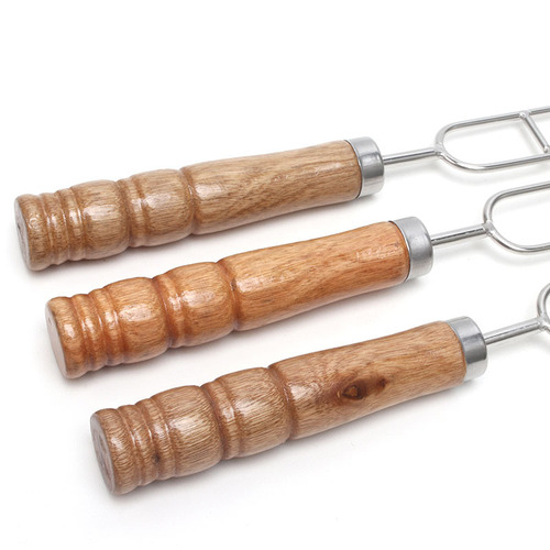 Meigo barbecue skewers with wooden handles, stainless steel barbecue forks, double-needle U-shaped skewers, 201 stainless steel outdoor barbecue supplies