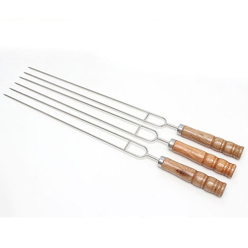 Meigo barbecue skewers with wooden handles, stainless steel barbecue forks, double-needle U-shaped skewers, 201 stainless steel outdoor barbecue supplies