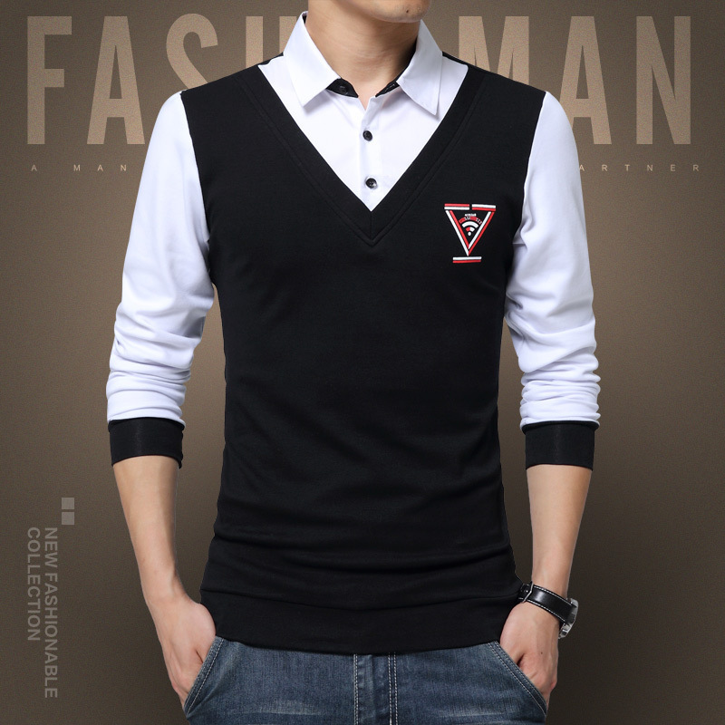 Fake two-piece sweater men's Korean-style trendy shirt collar shirt leading men's bottoming sweater business delivery fleece-lined Fake two-piece sweater men's Korean-style trendy shirt collar shirt leading men's bottoming sweater business delivery fleece-lined