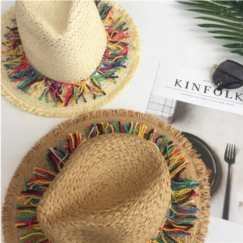 Pdmcms Beach Hat for Women Summer Seaside Vacation Grass Hat for Shading Fashionable Tassel Small Top Hat_voghion.com