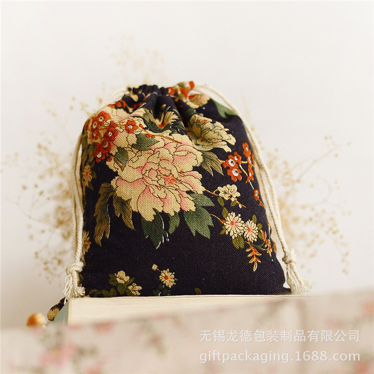 厂家供应 手工制作 黑底藏蓝图案 纯棉束口棉布袋环保实用收纳