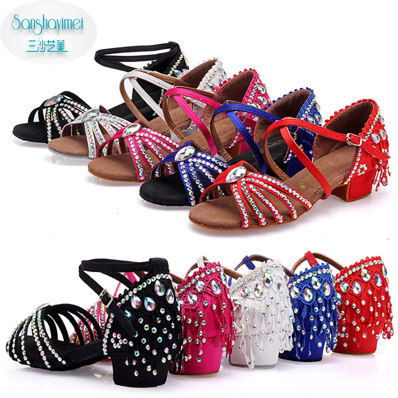 Latin dance shoes children girls' dance shoes soft bottom practice beginner new diamond-embedded diamond performance shoes