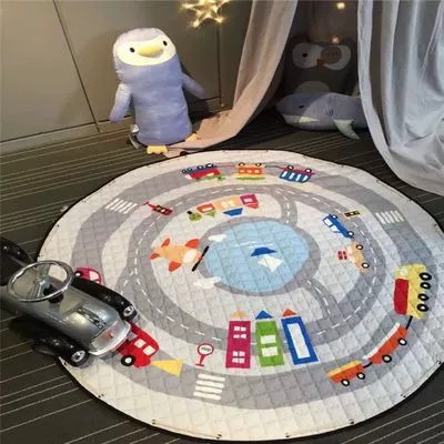 ins Round Foldable Storage Floor Mat Kids Parent-Child Game Mat Baby Toy Storage Bag Machine Washable (Avtomobil döşəmə paspasları) - car-diameter-145cm